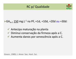 RC p/ Qualidade 



GA4+7 150 mg.L‐1 na PF, +1d, +10d, +20d ou +30d: 

    Antecipa maturação na planta
    Diminui conservação da firmeza após a C. 
    Aumenta danos por senescência após a C. 




Green, 1989; J. Amer. Soc. Hort. Sci. 
 