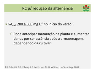 RC p/ redução da alternância


GA4+7 200 a 600 mg.L‐1 no início do verão : 

     Pode antecipar maturação na planta e aumentar 
        danos por senescência após a armazenagem, 
        dependendo da cultivar




T.R. Schmidt, D.C. Elfving, J. R. McFerson, M. D. Whiting, HorTecnology, 2008
 