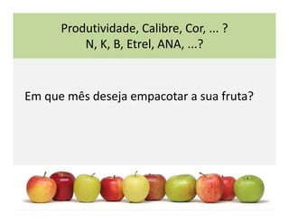 Produtividade, Calibre, Cor, ... ? 
          N, K, B, Etrel, ANA, ...?


Em que mês deseja empacotar a sua fruta?
 