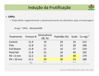 Indução da Frutificação
 CPPU: 
    Pode afetar negativamente o desenvolvimento de distúrbios após armazenagem


        8 mg∙L–1 CPPU,   McIntosh/M9


                               Senescência 
   Treatmento     Firmeza N                 Podridão (%)      Scald Ca mgL‐1
                                 (IB, %)
   Control            11.9         19            20             33          212
   Pink               11.8         11            23             28          196
   Full bloom         11.8         21            16             27          210
   Petal fall         11.8         21            18             40          192
   FB + 6 mm          12.2         21            20             48          179
   FB + 10 mm         12.1         39            30             53          180
                       NS              ***       *              ***           *

                                                 Greene, HORTSCIENCE 36(7):1292–1295. 2001
 