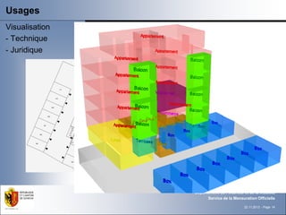 Usages
Visualisation
- Technique
- Juridique




                Département de l‘intérieur et de la mobilité
                      Service de la Mensuration Officielle

                                           22.11.2012 - Page 14
 