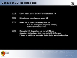 Genève en 3D, les dates clés



        2006   Etude pilote sur la création d’un cadastre 3D

        2007   Décision de constituer un socle 3D

        2008   Début de la saisie de la maquette 3D
                       Bâti 3D, ouvrages d’art (ponts, tunnels),
                       bâtiments remarquables

        2010   Maquette 3D disponible sur www.SITG.ch
               Signature de la charte d’éthique de la 3D à Monaco
               Prix de la meilleure maquette du territoire au salon Imagina




                                            Département de l'intérieur, de la mobilité et de l'environnement


                                                                                            22.11.2012 - Page 2
 