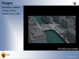 Usages
Simulation urbaine
-Urban mining
-Gestion de la ville




                       Simulation flux mobilité


       ...