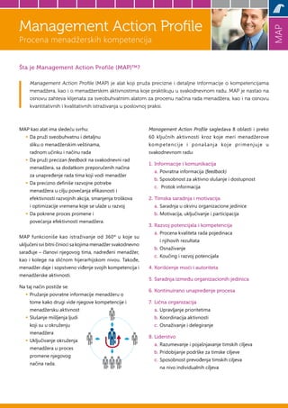 MAP
Šta je Management Action Profile (MAP)™?
Management Action Profile (MAP) je alat koji pruža precizne i detaljne informacije o kompetencijama
menadžera, kao i o menadžerskim aktivnostima koje praktikuju u svakodnevnom radu. MAP je nastao na
osnovu zahteva klijenata za sveobuhvatnim alatom za procenu načina rada menadžera, kao i na osnovu
kvantitativnih i kvalitativnih istraživanja u poslovnoj praksi.
MAP kao alat ima sledeću svrhu:
ƒƒ Da pruži sveobuhvatnu i detaljnu
sliku o menadžerskim veštinama,
radnom učinku i načinu rada
ƒƒ Da pruži precizan feedback na svakodnevni rad
menadžera, sa dodatkom preporučenih načina
za unapređenje rada tima koji vodi menadžer
ƒƒ Da precizno definiše razvojne potrebe
menadžera u cilju povećanja efikasnosti i
efektivnosti razvojnih akcija, smanjenja troškova
i optimizacije vremena koje se ulaže u razvoj
ƒƒ Da pokrene proces promene i
povećanja efektivnosti menadžera.
MAP funkcioniše kao istraživanje od 360º u koje su
uključeni svi bitni činioci sa kojima menadžer svakodnevno
sarađuje – članovi njegovog tima, nadređeni menadžer,
kao i kolege na sličnom hijerarhijskom nivou. Takođe,
menadžer daje i sopstveno viđenje svojih kompetencija i
menadžerske aktivnosti.
Na taj način postiže se:
ƒƒ Pružanje povratne informacije menadžeru o
tome kako drugi vide njegove kompetencije i
menadžersku aktivnost
ƒƒ Slušanje mišljenja ljudi
koji su u okruženju
menadžera
ƒƒ Uključivanje okruženja
menadžera u proces
promene njegovog
načina rada.
Management Action Profile
Procena menadžerskih kompetencija
Management Action Profile sagledava 8 oblasti i preko
60 ključnih aktivnosti kroz koje meri menadžerove
kompetencije i ponašanja koje primenjuje u
svakodnevnom radu:
1.	Informacije i komunikacija
a.	Povratna informacija (feedback)
b.	Sposobnost za aktivno slušanje i dostupnost
c.	 Protok informacija
2.	Timska saradnja i motivacija
a.	Saradnja u okviru organizacione jedinice
b.	Motivacija, uključivanje i participacija
3.	Razvoj potencijala i kompetencija
a.	Procena kvaliteta rada pojedinaca
i njihovih rezultata
b.	Osnaživanje
c.	Koučing i razvoj potencijala
4.	Korišćenje moći i autoriteta
5.	Saradnja između organizacionih jedinica
6.	Kontinuirano unapređenje procesa
7.	Lična organizacija
a.	Upravljanje prioritetima
b.	Koordinacija aktivnosti
c.	Osnaživanje i delegiranje
8.	Liderstvo
a.	Razumevanje i pojašnjavanje timskih ciljeva
b.	Pridobijanje podrške za timske ciljeve
c.	Sposobnost prevođenja timskih ciljeva
na nivo individualnih ciljeva
 