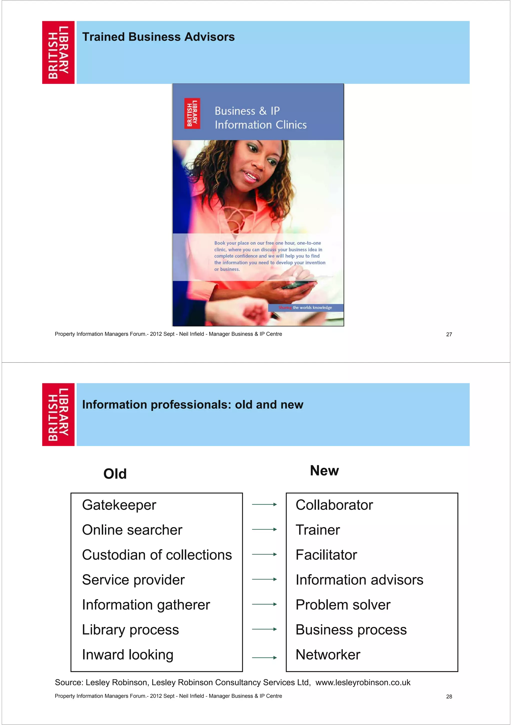 Trained Business Advisors




Property Information Managers Forum.- 2012 Sept - Neil Infield - Manager Business & IP Centre                          27




           Information professionals: old and new




                   Old                                                                            New

           Gatekeeper                                                                           Collaborator
           Online searcher                                                                      Trainer
           Custodian of collections                                                             Facilitator
           Service provider                                                                     Information advisors
           Information gatherer                                                                 Problem solver
           Library process                                                                      Business process
           Inward looking                                                                       Networker
Source: Lesley Robinson, Lesley Robinson Consultancy Services Ltd, www.lesleyrobinson.co.uk
Property Information Managers Forum.- 2012 Sept - Neil Infield - Manager Business & IP Centre                          28
 