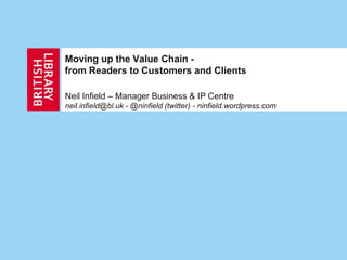 Moving up the Value Chain -
from Readers to Customers and Clients

Neil Infield – Manager Business & IP Centre
neil.infield@bl.uk - @ninfield (twitter) - ninfield.wordpress.com
 