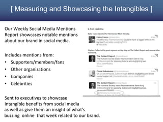 [ Measuring and Showcasing the Intangibles ]

Our Weekly Social Media Mentions
Report showcases notable mentions
about our brand in social media.

Includes mentions from:
• Supporters/members/fans
• Other organizations
• Companies
• Celebrities

Sent to executives to showcase
intangible benefits from social media
as well as give them an insight of what’s
buzzing online that week related to our brand.
 