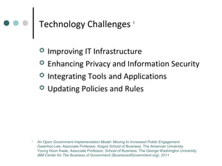 Technology Challenges





1

1

Improving IT Infrastructure
Enhancing Privacy and Information Security
Integrating Tools and Applications
Updating Policies and Rules

An Open Government Implementation Model: Moving to Increased Public Engagement
Gwanhoo Lee, Associate Professor, Kogod School of Business, The American University
Young Hoon Kwak, Associate Professor, School of Business, The George Washington University
IBM Center for The Business of Government (BusinessofGovernment.org); 2011

 