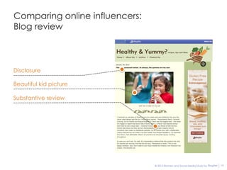 Comparing online influencers:
Blog review



Disclosure

Beautiful kid picture

Substantive review




                                © 2012 Women and Social Media Study by BlogHer   19
 