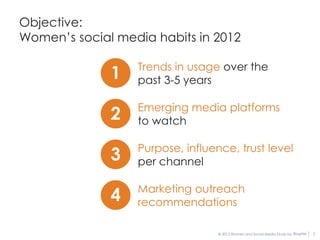 Objective:
Women’s social media habits in 2012

                  Trends in usage over the
              1   past 3-5 years

                  Emerging media platforms
              2   to watch

                  Purpose, influence, trust level
              3   per channel

                  Marketing outreach
              4   recommendations

                                  © 2012 Women and Social Media Study by BlogHer   2
 