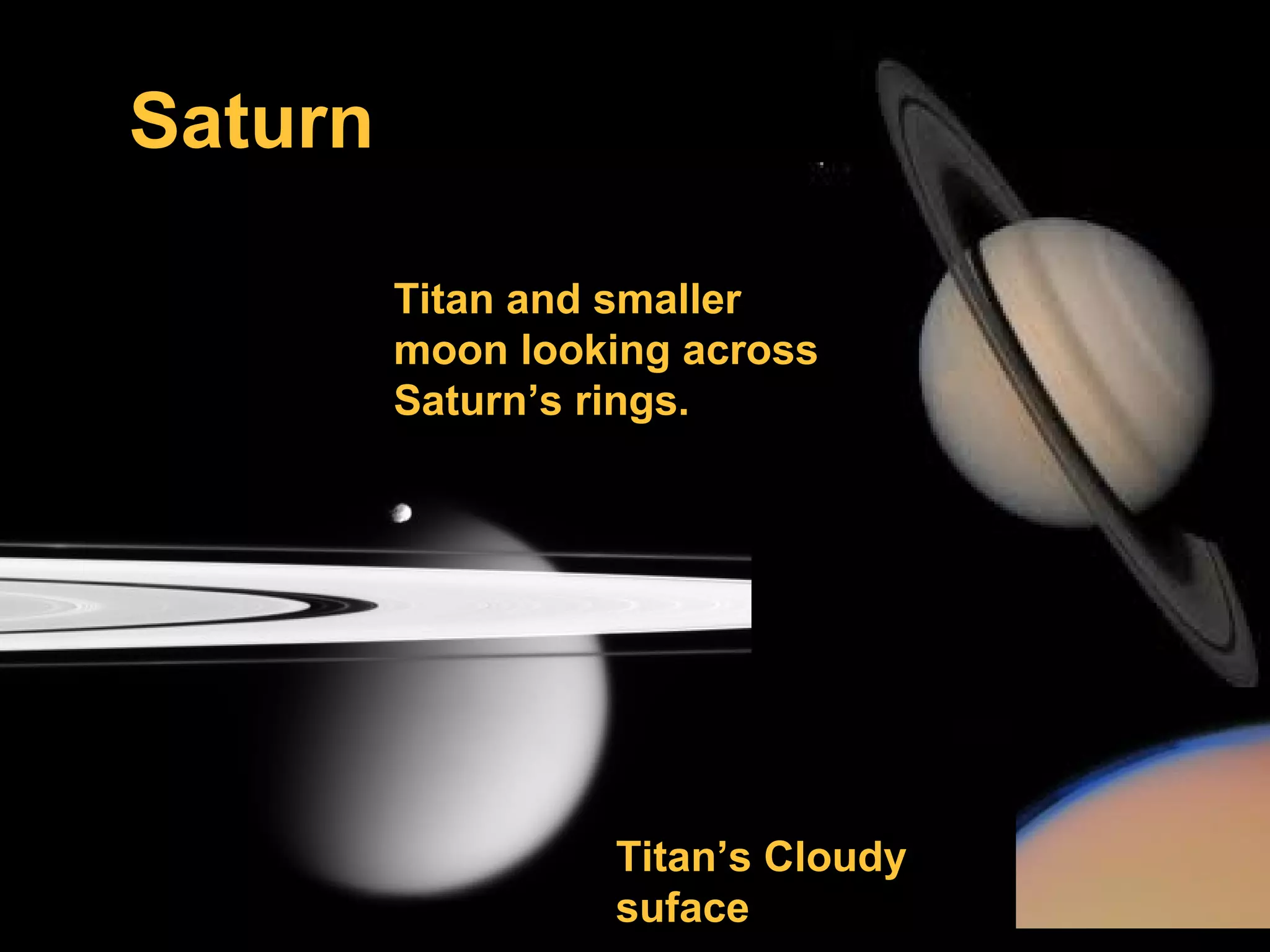 Saturn
Titan and smaller
moon looking across
Saturn’s rings.

Titan’s Cloudy
suface

 