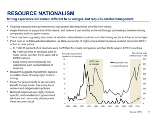 RESOURCE NATIONALISM
Mining experience will remain different to oil and gas, but requires careful management

• Ongoing pressure from governments to see greater developmental benefits from mining
• Anglo American is supportive of this desire, and believe it can best be achieved through partnerships between mining
    companies and host governments
•   There has been a growing discussion of whether nationalisation could occur in the mining sector as it has in oil and gas
•   Price rises in oil followed nationalisation, as state ownership of highly concentrated reserves enabled concerted OPEC
    action to raise prices:
    – In 1960 85 percent of oil reserves were controlled by private companies, and two thirds were in OPEC countries
    – By 1980 two third of reserves were in
       state hands, and two thirds were still in
       OPEC nations
    – Most mining commodities do not                                        OPEC-led
       experience such concentrations of                                     oil market
       reserves
•   Research suggests that upfront capex is
    a smaller share of total project costs in
    mining
•   Easier for governments to secure extra
    benefit through taxes, free carry, local
    content and indigenisation policies
•   National responses are highly context-
    specific, and excellence in government
    relations and community development                                                                               ?
    have become critical


                                                                                                            Source: OPM    11
 