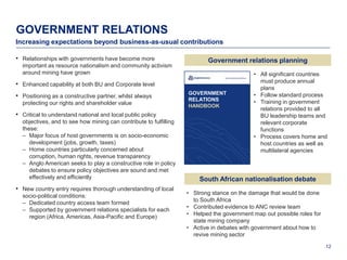GOVERNMENT RELATIONS
Increasing expectations beyond business-as-usual contributions

• Relationships with governments have become more                          Government relations planning
  important as resource nationalism and community activism
  around mining have grown                                                                 • All significant countries
                                                                                             must produce annual
• Enhanced capability at both BU and Corporate level
                                                                                             plans
                                                                   GOVERNMENT              • Follow standard process
• Positioning as a constructive partner, whilst always             RELATIONS
  protecting our rights and shareholder value                                              • Training in government
                                                                   HANDBOOK
                                                                                             relations provided to all
• Critical to understand national and local public policy                                    BU leadership teams and
  objectives, and to see how mining can contribute to fulfilling                             relevant corporate
  these:                                                                                     functions
  – Major focus of host governments is on socio-economic                                   • Process covers home and
     development (jobs, growth, taxes)                                                       host countries as well as
  – Home countries particularly concerned about                                              multilateral agencies
     corruption, human rights, revenue transparency
  – Anglo American seeks to play a constructive role in policy
     debates to ensure policy objectives are sound and met
     effectively and efficiently                                       South African nationalisation debate
• New country entry requires thorough understanding of local
                                                                   • Strong stance on the damage that would be done
  socio-political conditions:
                                                                     to South Africa
  – Dedicated country access team formed
                                                                   • Contributed evidence to ANC review team
  – Supported by government relations specialists for each
                                                                   • Helped the government map out possible roles for
    region (Africa, Americas, Asia-Pacific and Europe)
                                                                     state mining company
                                                                   • Active in debates with government about how to
                                                                     revive mining sector

                                                                                                                        12
 