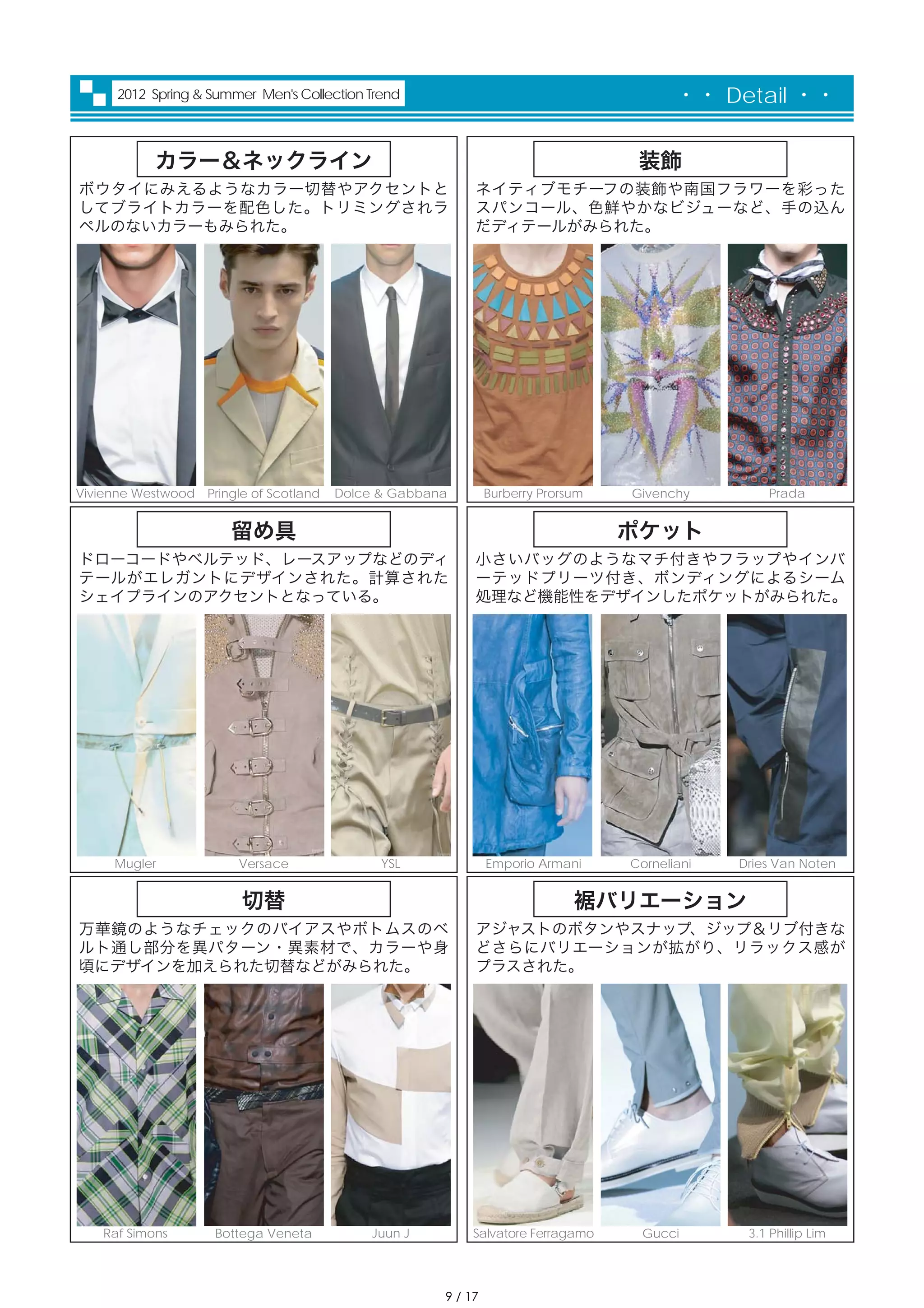 2012 Spring & Summer Men's Collection Trend                                        ・・ Detail ・・


            カラー＆ネックライン                                                             装飾
ボウタイにみえるようなカラー切替やアクセントと                                    ネイティブモチーフの装飾や南国フラワーを彩った
してブライトカラーを配色した。トリミングされラ                                    スパンコール、色鮮やかなビジューなど、手の込ん
ペルのないカラーもみられた。                                             だディテールがみられた。




Vivienne Westwood Pringle of Scotland   Dolce & Gabbana        Burberry Prorsum   Givenchy         Prada


                       留め具                                                        ポケット
ドローコードやベルテッド、レースアップなどのディ                                   小さいバッグのようなマチ付きやフラップやインバ
テールがエレガントにデザインされた。計算された                                    ーテッドプリーツ付き、ボンディングによるシーム
シェイプラインのアクセントとなっている。                                       処理など機能性をデザインしたポケットがみられた。




     Mugler             Versace               YSL              Emporio Armani     Corneliani   Dries Van Noten


                         切替                                                  裾バリエーション
万華鏡のようなチェックのバイアスやボトムスのベ                                    アジャストのボタンやスナップ、ジップ＆リブ付きな
ルト通し部分を異パターン・異素材で、カラーや身                                    どさらにバリエーションが拡がり、リラックス感が
頃にデザインを加えられた切替などがみられた。                                     プラスされた。




    Raf Simons       Bottega Veneta         Juun J         Salvatore Ferragamo     Gucci        3.1 Phillip Lim




                                                      9 / 17
 