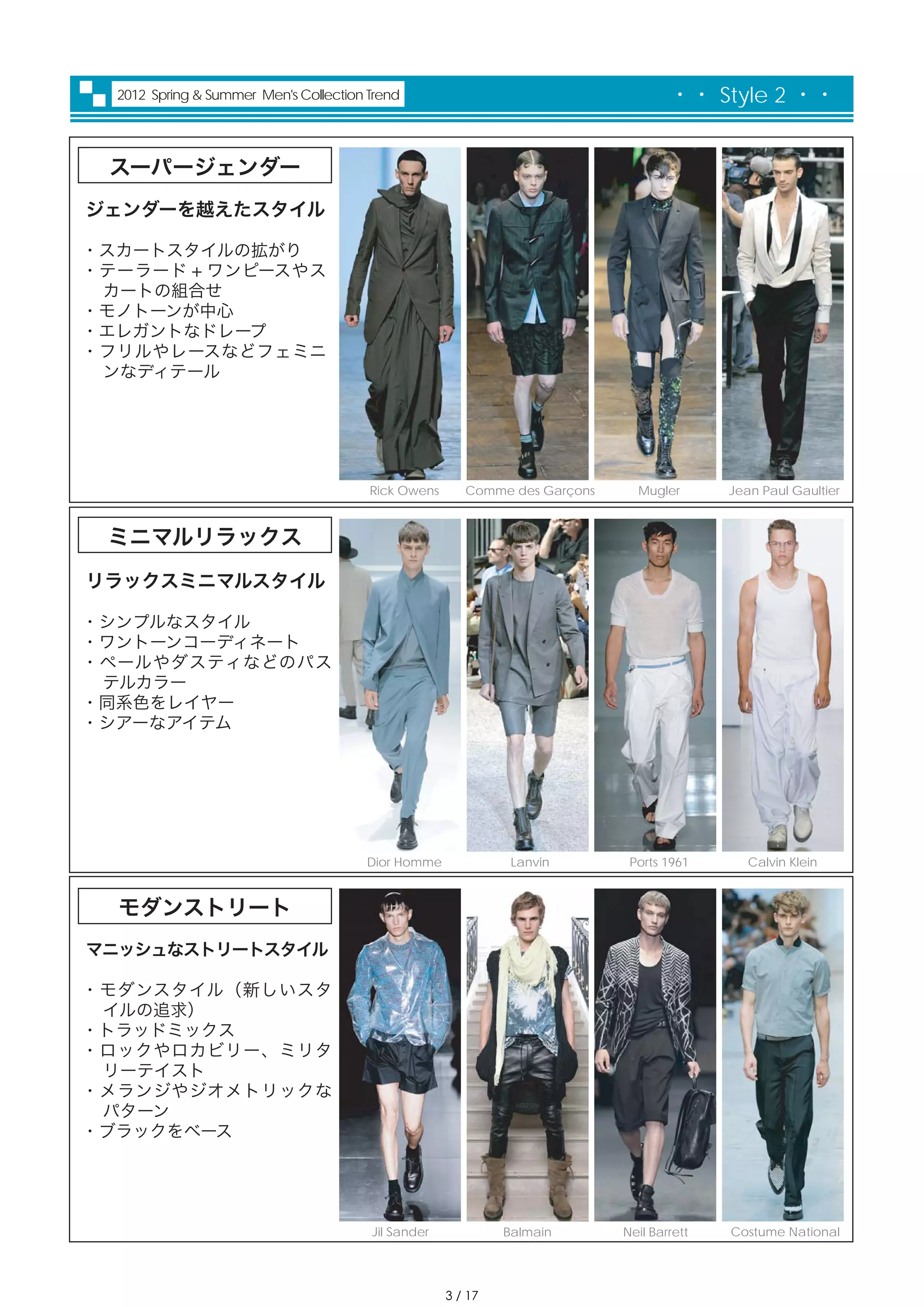 2012 Spring & Summer Men's Collection Trend                                       ・・ Style 2 ・・


 スーパージェンダー
ジェンダーを越えたスタイル

・スカートスタイルの拡がり
・テーラード + ワンピースやス
 カートの組合せ
・モノトーンが中心
・エレガントなドレープ
・フリルやレースなどフェミニ
 ンなディテール




                                        Rick Owens      Comme des Garçons     Mugler       Jean Paul Gaultier



 ミニマルリラックス
リラックスミニマルスタイル

・シンプルなスタイル
・ワントーンコーディネート
・ペールやダスティなどのパス
 テルカラー
・同系色をレイヤー
・シアーなアイテム




                                       Dior Homme              Lanvin        Ports 1961       Calvin Klein


  モダンストリート
マニッシュなストリートスタイル

・モダンスタイル（新しいスタ
 イルの追求）
・トラッドミックス
・ロックやロカビリー、ミリタ
 リーテイスト
・メランジやジオメトリックな
 パターン
・ブラックをベース




                                        Jil Sander            Balmain       Neil Barrett   Costume National




                                                     3 / 17
 