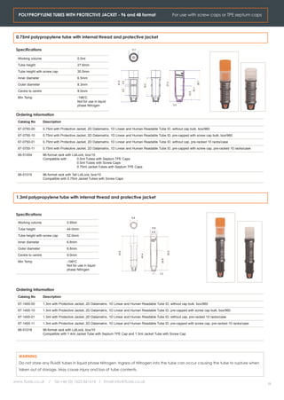 POLYPROPYLENE TUBES WITH PROTECTIVE JACKET - 96 and 48 format                                                              For use with screw caps or TPE septum caps




 0.75ml polypropylene tube with internal thread and protective jacket

 Specifications                                                                    8.3


  Working volume                             0.5ml
  Tube height                                27.6mm
  Tube height with screw cap                 35.5mm
  Inner diameter                             6.5mm




                                                                                                                                                  26.1
                                                                     27.6
                                                                             4.2




                                                                                                                     27.2
  Outer diameter                             8.3mm




                                                                                                16.0




                                                                                                                                           19.1
                                                                             8.2
  Centre to centre                           9.0mm




                                                                                                                                    12.5
  Min Temp                                   -196oC
                                             Not for use in liquid
                                             phase Nitrogen                                                                  0.3



 Ordering Information
  Catalog No         Description

  67-0750-00         0.75ml with Protective Jacket, 2D Datamatrix, 1D Linear and Human Readable Tube ID, without cap bulk, box/960
  67-0750-10         0.75ml with Protective Jacket, 2D Datamatrix, 1D Linear and Human Readable Tube ID, pre-capped with screw cap bulk, box/960
  67-0750-01         0.75ml with Protective Jacket, 2D Datamatrix, 1D Linear and Human Readable Tube ID, without cap, pre-racked 10 racks/case
  67-0750-11         0.75ml with Protective Jacket, 2D Datamatrix, 1D Linear and Human Readable Tube ID, pre-capped with screw cap, pre-racked 10 racks/case
  66-51004           96-format rack with LidLock, box/10
                     Compatible with :      0.5ml Tubes with Septum TPE Caps
                                            0.5ml Tubes with Screw Caps
                                            0.75ml Jacket Tubes with Septum TPE Caps

  66-51015           96-format rack with Tall LidLock, box/10
                     Compatible with 0.75ml Jacket Tubes with Screw Caps




 1.3ml polypropylene tube with internal thread and protective jacket



 Specifications
                                                                                   8.8

  Working volume                    0.95ml
                                                                                                       8.8
  Tube height                       44.0mm
                                                                                                       6.8
  Tube height with screw cap        52.0mm
  Inner diameter                    6.8mm
  Outer diameter                    8.8mm
                                                                                                                      42.5
                                                                      43.9




  Centre to centre                  9.0mm
                                                                                         43.4




                                                                                                              24.8




  Min Temp                          -196oC
                                    Not for use in liquid
                                    phase Nitrogen
                                                                                                             1.6




 Ordering Information
  Catalog No         Description

  67-1400-00         1.3ml with Protective Jacket, 2D Datamatrix, 1D Linear and Human Readable Tube ID, without cap bulk, box/960
  67-1400-10         1.3ml with Protective Jacket, 2D Datamatrix, 1D Linear and Human Readable Tube ID, pre-capped with screw cap bulk, box/960
  67-1400-01         1.3ml with Protective Jacket, 2D Datamatrix, 1D Linear and Human Readable Tube ID, without cap, pre-racked 10 racks/case
  67-1400-11         1.3ml with Protective Jacket, 2D Datamatrix, 1D Linear and Human Readable Tube ID, pre-capped with screw cap, pre-racked 10 racks/case
  66-51018           96-format rack with LidLock, box/10
                     Compatible with 1.4ml Jacket Tube with Septum TPE Cap and 1.3ml Jacket Tube with Screw Cap




  WARNING
  Do not store any FluidX tubes in liquid phase Nitrogen. Ingress of Nitrogen into the tube can occur causing the tube to rupture when
  taken out of storage. May cause injury ond loss of tube contents.


www.fluidx.co.uk        /   Tel +44 (0) 1625 861614 / Email info@fluidx.co.uk
                                                                                                                                                                          11
 
