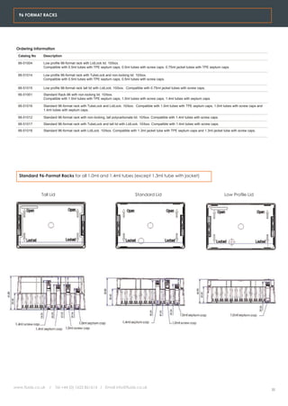96 FORMAT RACKS




 Ordering Information
  Catalog No    Description

  66-51004      Low profile 96-format rack with LidLock lid. 10/box.
                Compatible with 0.5ml tubes with TPE septum caps, 0.5ml tubes with screw caps. 0.75ml jacket tubes with TPE septum caps.

  66-51014      Low profile 96-format rack with TubeLock and non-locking lid. 10/box.
                Compatible with 0.5ml tubes with TPE septum caps, 0.5ml tubes with screw caps.

  66-51015      Low profile 96-format rack tall lid with LidLock. 10/box. Compatible with 0.75ml jacket tubes with screw caps.
  66-51001      Standard Rack-96 with non-locking lid. 10/box.
                Compatible with 1.0ml tubes with TPE septum caps, 1.0ml tubes with screw caps, 1.4ml tubes with septum caps.

  66-51016      Standard 96-format rack with TubeLock and LidLock. 10/box. Compatible with 1.0ml tubes with TPE septum caps, 1.0ml tubes with screw caps and
                1.4ml tubes with septum caps.

  66-51012      Standard 96-format rack with non-locking, tall polycarbonate lid. 10/box. Compatible with 1.4ml tubes with screw caps.
  66-51017      Standard 96-format rack with TubeLock and tall lid with LidLock. 10/box. Compatible with 1.4ml tubes with screw caps.
  66-51018      Standard 96-format rack with LidLock. 10/box. Compatible with 1.3ml jacket tube with TPE septum caps and 1.3ml jacket tube with screw caps.




  Standard 96-Format Racks for all 1.0ml and 1.4ml tubes (except 1.3ml tube with jacket)



               Tall Lid                                                       Standard Lid                                               Low Profile Lid




www.fluidx.co.uk   /      Tel +44 (0) 1625 861614 / Email info@fluidx.co.uk
                                                                                                                                                               22
 