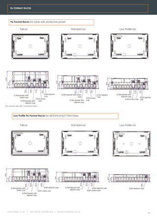 96 FORMAT RACKS




       96-Format Racks for tubes with protective jacket


                   Tall Lid                                             Standard Lid   Low Profile Lid




(Can also be used with 1.4ml jacket tubes)




          Low Profile 96-Format Racks for all 0.5ml and 0.75ml tubes



                   Tall Lid                                             Standard Lid   Low Profile Lid




   www.fluidx.co.uk         /   Tel +44 (0) 1625 861614 / Email info@fluidx.co.uk
                                                                                                         23
 