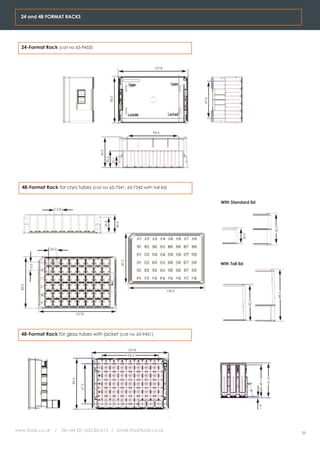 24 and 48 FORMAT RACKS




   24-Format Rack (cat no 65-9453)



                                                                                          127.8




                                                         85.5




                                                                                                          67.5
                                                                                          94.5
                                               56.0
                                                      30.5
                                                             21.1




   48-Format Rack for cryo tubes (cat no 65-7541, 65-7542 with tall lid)


                                                                                                                 With Standard lid
                   12.8
                                                  26.0


                                                                    30.0




                                                                                                                                                         52.5
                                                                                                                             26.5
                26.0
                                                                           87.5




                                                                                                                 With Tall lid
         13.5
  85.5




                                                                                                  130.0
                                                                                                                                                            88.5
                                                                                                                                    82.5




                                     127.8




   48-Format Rack for glass tubes with jacket (cat no 65-9451)


                                                                                  127.8
                                                                                  94.5
                                                                                                                                                  51.6
                              85.5




                                                                                                                                           49.1
                                        67.5




                                                                                                                                           1.6




www.fluidx.co.uk   /      Tel +44 (0) 1625 861614 / Email info@fluidx.co.uk
                                                                                                                                                                   25
 