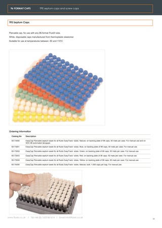 96 FORMAT CAPS                   TPE septum caps and screw caps




 TPE Septum Caps



 Piercable cap, for use with any 96-format FluidX tube.
 White, disposable caps manufactured from thermoplastic elastomer.
 Suitable for use at temperatures between -80 and 110oC




 Ordering Information

   Catalog No      Description

   65-73000        EasyCap Piercable septum seals for all fluidx EasyTrack tubes. Natural, on backing plate of 96 caps, 50 mats per case. For manual use and on
                   XDC-96 automated decapper.
   65-73001        EasyCap Piercable septum seals for all fluidx EasyTrack tubes. Blue, on backing plate of 96 caps, 50 mats per case. For manual use.

   65-73002        EasyCap Piercable septum seals for all fluidx EasyTrack tubes. Green, on backing plate of 96 caps, 50 mats per case. For manual use.

   65-73003        EasyCap Piercable septum seals for all fluidx EasyTrack tubes. Red, on backing plate of 96 caps, 50 mats per case. For manual use.

   65-73004        EasyCap Piercable septum seals for all fluidx EasyTrack tubes. Yellow, on backing plate of 96 caps, 50 mats per case. For manual use.

   65-74000        EasyCap Piercable septum seals for all fluidx EasyTrack tubes. Natural, bulk, 1,000 caps per bag. For manual use.




www.fluidx.co.uk     /   Tel +44 (0) 1625 861614 / Email info@fluidx.co.uk
                                                                                                                                                                  26
 