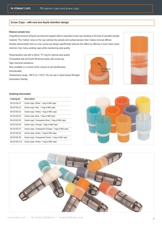 96 FORMAT CAPS                  TPE septum caps and screw caps




  Screw Caps - with new low liquid retention design


 Reduce sample loss
 A significant amount of liquid can become trapped within a standard screw cap resulting in the loss of valuable sample
 material. The “hollow” area on the cap catches the sample and surface tension then makes removal difficult.
 Studies demonstrate that our new screw-cap design significantly reduces this effect by offering a much lower liquid
 retention than many existing caps while maintaining seal quality.


 Polypropylene cap with a silicon “O” ring for optimal seal quality.
 Compatible with all FluidX 96-format tubes with screw top.
 High chemical resistance.
 Now available in a choice of ten colours to aid identification.
                                                                                                   Reduced
 Autoclavable.                                                                                     hollow
 Temperature range -196°C to +120°C. Do not use in liquid phase Nitrogen.
 Automation friendly.




 Ordering Information

  Catalog No     Description

  65-53100-Z1    Screw caps. White, 1 bag of 960 caps

  65-53100-Z2    Screw caps. Red, 1 bag of 960 caps

  65-53100-Z3    Screw caps. Yellow, 1 bag of 960 caps

  65-53100-Z4    Screw caps. Blue, 1 bag of 960 caps

  65-53100-Z5    Screw caps. Transparent Blue, 1 bag of 960 caps

  65-53100-Z6    Screw caps. Orange, 1 bag of 960 caps

  65-53100-Z7    Screw caps. Transparent Orange, 1 bag of 960 caps

  65-53100-Z8    Screw caps. Green, 1 bag of 960 caps

  65-53100-Z9    Screw caps. Transparent Green, 1 bag of 960 caps

  65-53100-Z10   Screw caps. Amber, 1 bag of 960 caps




www.fluidx.co.uk     /   Tel +44 (0) 1625 861614 / Email info@fluidx.co.uk
                                                                                                                          27
 