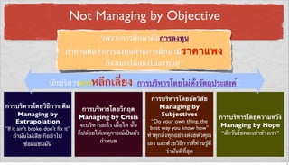 Not Managing by Objective
“เพราะการศึกษาคือการลงทุน
ถ้าท่านคิดว่าการลงทุนด้านการศึกษามีราคาแพง
ก็จงลองไม่ลองไม่ลงทุนดู”
การบริหารโดยวิธีการเดิม
Managing by
Extrapolation
“If it ain’t broke, don’t ﬁx it”
ถ้ามันไม่เสีย ก็อย่าไป
ซ่อมแซมมัน
การบริหารโดยวิกฤต
Managing by Crisis
จะบริหารอะไร เมื่อใด นั้น
ก็ปล่อยให้เหตุการณ์เป็นตัว
กําหนด
การบริหารโดยอัตวิสัย
Managing by
Subjectives
“Do your own thing, the
best way you know how”
ทําทุกสิ่งทุกอย่างด้วยตัวคุณ
เอง และด้วยวิธีการที่ท่านรู้ดี
ว่ามันดีที่สุด
การบริหารโดยความหวัง
Managing by Hope
“สักวันโชคจะเข้าข้างเรา”
นักบริหารควรหลีกเลี่ยง“การบริหารโดยไม่ตั้งวัตถุประสงค์”
4
 