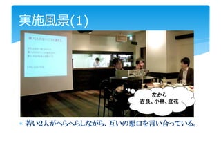 実施風景(1)




                      左から
                    吉良、小林、立花



∗ 若い２人がへらへらしながら、互いの悪口を言い合っている。
 