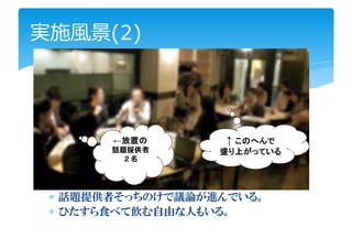 実施風景(2)




       ←放置の
        放置の        ↑ このへんで
                     このへんで
       話題提供者      盛り上がっている
        ２名




 ∗ 話題提供者そっちのけで議論が進んでいる。
 ∗ ひたすら食べて飲む自由な人もいる。
 