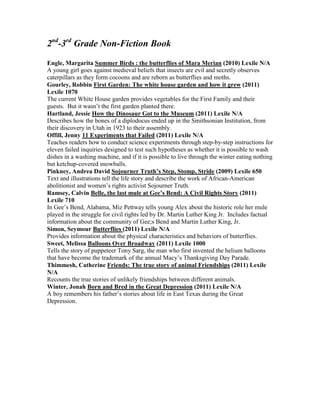 2nd-3rd Grade Non-Fiction Book
Engle, Margarita Summer Birds : the butterflies of Mara Merian (2010) Lexile N/A
A young girl goes against medieval beliefs that insects are evil and secretly observes
caterpillars as they form cocoons and are reborn as butterflies and moths.
Gourley, Robbin First Garden: The white house garden and how it grew (2011)
Lexile 1070
The current White House garden provides vegetables for the First Family and their
guests. But it wasn’t the first garden planted there.
Hartland, Jessie How the Dinosaur Got to the Museum (2011) Lexile N/A
Describes how the bones of a diplodocus ended up in the Smithsonian Institution, from
their discovery in Utah in 1923 to their assembly.
Offill, Jenny 11 Experiments that Failed (2011) Lexile N/A
Teaches readers how to conduct science experiments through step-by-step instructions for
eleven failed inquiries designed to test such hypotheses as whether it is possible to wash
dishes in a washing machine, and if it is possible to live through the winter eating nothing
but ketchup-covered snowballs.
Pinkney, Andrea David Sojourner Truth’s Step, Stomp, Stride (2009) Lexile 650
Text and illustrations tell the life story and describe the work of African-American
abolitionist and women’s rights activist Sojourner Truth.
Ramsey, Calvin Belle, the last mule at Gee’s Bend: A Civil Rights Story (2011)
Lexile 710
In Gee’s Bend, Alabama, Miz Pettway tells young Alex about the historic role her mule
played in the struggle for civil rights led by Dr. Martin Luther King Jr. Includes factual
information about the community of Gee;s Bend and Martin Luther King, Jr.
Simon, Seymour Butterflies (2011) Lexile N/A
Provides information about the physical characteristics and behaviors of butterflies.
Sweet, Melissa Balloons Over Broadway (2011) Lexile 1000
Tells the story of puppeteer Tony Sarg, the man who first invented the helium balloons
that have become the trademark of the annual Macy’s Thanksgiving Day Parade.
Thimmesh, Catherine Friends: The true story of animal Friendships (2011) Lexile
N/A
Recounts the true stories of unlikely friendships between different animals.
Winter, Jonah Born and Bred in the Great Depression (2011) Lexile N/A
A boy remembers his father’s stories about life in East Texas during the Great
Depression.
 