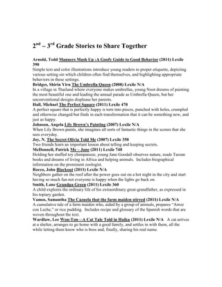 2nd – 3rd Grade Stories to Share Together
Arnold, Tedd Manners Mash Up :A Goofy Guide to Good Behavior (2011) Lexile
390
Simple text and color illustrations introduce young readers to proper etiquette, depicting
various setting sin which children often find themselves, and highlighting appropriate
behaviors in these settings.
Bridges, Shirin Yirn The Umbrella Queen (2008) Lexile N/A
In a village in Thailand where everyone makes umbrellas, young Noot dreams of painting
the most beautiful one and leading the annual parade as Umbrella Queen, but her
unconventional designs displease her parents.
Hall, Michael The Perfect Square (2011) Lexile 470
A perfect square that is perfectly happy is torn into pieces, punched with holes, crumpled
and otherwise changed but finds in each transformation that it can be something new, and
just as happy.
Johnson, Angela Lily Brown’s Painting (2007) Lexile N/A
When Lily Brown paints, she imagines all sorts of fantastic things in the scenes that she
sees everyday.
Joy, N. The Secret Olivia Told Me (2007) Lexile 350
Two friends learn an important lesson about telling and keeping secrets.
McDonnell, Patrick Me – Jane (2011) Lexile 740
Holding her stuffed toy chimpanzee, young Jane Goodall observes nature, reads Tarzan
books and dreams of living in Africa and helping animals. Includes biographical
information on the prominent zoologist.
Rocco, John Blackout (2011) Lexile N/A
Neighbors gather on the roof after the power goes out on a hot night in the city and start
having so much fun not everyone is happy when the lights go back on.
Smith, Lane Grandpa Green (2011) Lexile 360
A child explores the ordinary life of his extraordinary great-grandfather, as expressed in
his topiary garden.
Vamos, Samantha The Cazuela that the farm maiden stirred (2011) Lexile N/A
A cumulative tale of a farm maiden who, aided by a group of animals, prepares “Arroz
con Leche,” or rice pudding. Includes recipe and glossary of the Spanish words that are
woven throughout the text.
Wardlaw, Lee Won-Ton—A Cat Tale Told in Haiku (2011) Lexile N/A A cat arrives
at a shelter, arranges to go home with a good family, and settles in with them, all the
while letting them know who is boss and, finally, sharing his real name.
 
