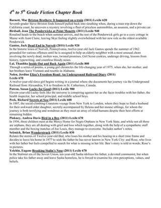 4th to 5th Grade Fiction Chapter Book
Barnett, Mac Brixton Brothers: It happened on a train (2011) Lexile 620
Seventh-grader Steve Brixton finds himself pulled back into sleuthing when, during a train trip down the
California coast, he uncovers a mystery involving a fleet of priceless automobiles, an assassin, and a private car.
Birdsall, Jean The Penderwicks at Point Mouette (2011) Lexile 940
Rosalind heads to the beach when summer arrives, and the rest of the Penderwick girls go to a cozy cottage in
Maine with Aunt Claire, leaving Skye feeling slightly overwhelmed with her new role as the oldest available
Penderwick.
Gantos, Jack Dead End in Norvelt (2011) Lexile 920
In the historic town of Norvelt, Pennsylvania, twelve-year old Jack Gantos spends the summer of 1962
grounded for various offenses until he is assigned to help an elderly neighbor with a most unusual chore
involving the newly dead, molten wax, twisted promises, Girl Scout cookies, underage driving, lessons from
history, typewriting, and countless bloody noses.
Lai, Thanhha Inside Out and Back Again (2011) Lexile 800
Through a series of poems, a young girl chronicles the life-changing year of 1975, when she, her mother, and
her brothers leave Vietnam and resettle in Alabama.
Nolen, Jerdine Eliza’s Freedom Road: An Underground Railroad Diary (2011)
Lexile 670
A twelve-year-old slave girl begins writing in a journal where she documents her journey via the Underground
Railroad from Alexandria, VA to freedom in St. Catherines, Canada.
Patron, Susan Lucky for Good (2011) Lexile 980
Eleven-year-old Lucky feels like the universe is conspiring against her as she faces troubles with her father, the
health inspector, her school principal, and middle school boys.
Peck, Richard Secrets at Sea (2011) Lexile 600
In 1887, the social-climbing Cranstons voyage from New York to London, where they hope to find a husband
for their awkward older daughter, secretly accompanied by Helena and her mouse siblings, for whom the
journey is both terrifying and wondrous as they meet an array of titled humans despite their best efforts at
remaining hidden.
Pinkney, Andrea Davis Bird in a Box (2011) Lexile 670
In 1936, three children meet at the Mercy Home for Negro Orphans in New York State, and while not all three
are orphans, they are all dealing with grief and loss which together, along with the help of a sympathetic staff
member and the boxing matches of Joe Louis, they manage to overcome. Includes author’s notes.
Selznick, Brian Wonderstruck (2011) Lexile 830
Relates the stories of Twelve-year-old Bed, who loses his mother and his hearing in a short time frame and
decides to leave his home in 1977 to seek the father he has never known in New York City: and Rose, who lives
with her father but feels compelled to search for what is missing in her life. Ben’s story is told in words; Rose’s
in pictures.
Yelchin, Eugene Breaking Stalin’s Nose (2011) Lexile 670
In the Stalinist era of the Soviet Union, ten-year-old Sasha idolizes his father, a devoted communist, but when
police take his father away and leave Sasha homeless, he is forced to examine his own perceptions, values, and
beliefs.
 