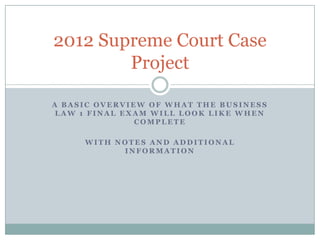 2012 Supreme Court Case
        Project

A BASIC OVERVIEW OF WHAT THE BUSINESS
 LAW 1 FINAL EXAM WILL LOOK LIKE WHEN
               COMPLETE

     WITH NOTES AND ADDITIONAL
           INFORMATION
 