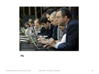 7%




Creating Influence, On Demand 1203   Slide Deck: © 2012 B. Maloney   18
 