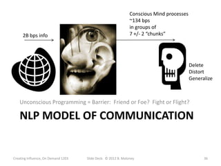 Conscious Mind processes
                                                               ~134 bps
                                                               in groups of
     2B bps info                                               7 +/- 2 “chunks”




                                                                                          Delete
                                                                                          Distort
                                                                                          Generalize



   Unconscious Programming = Barrier: Friend or Foe? Fight or Flight?

   NLP MODEL OF COMMUNICATION


Creating Influence, On Demand 1203   Slide Deck: © 2012 B. Maloney                              36
 