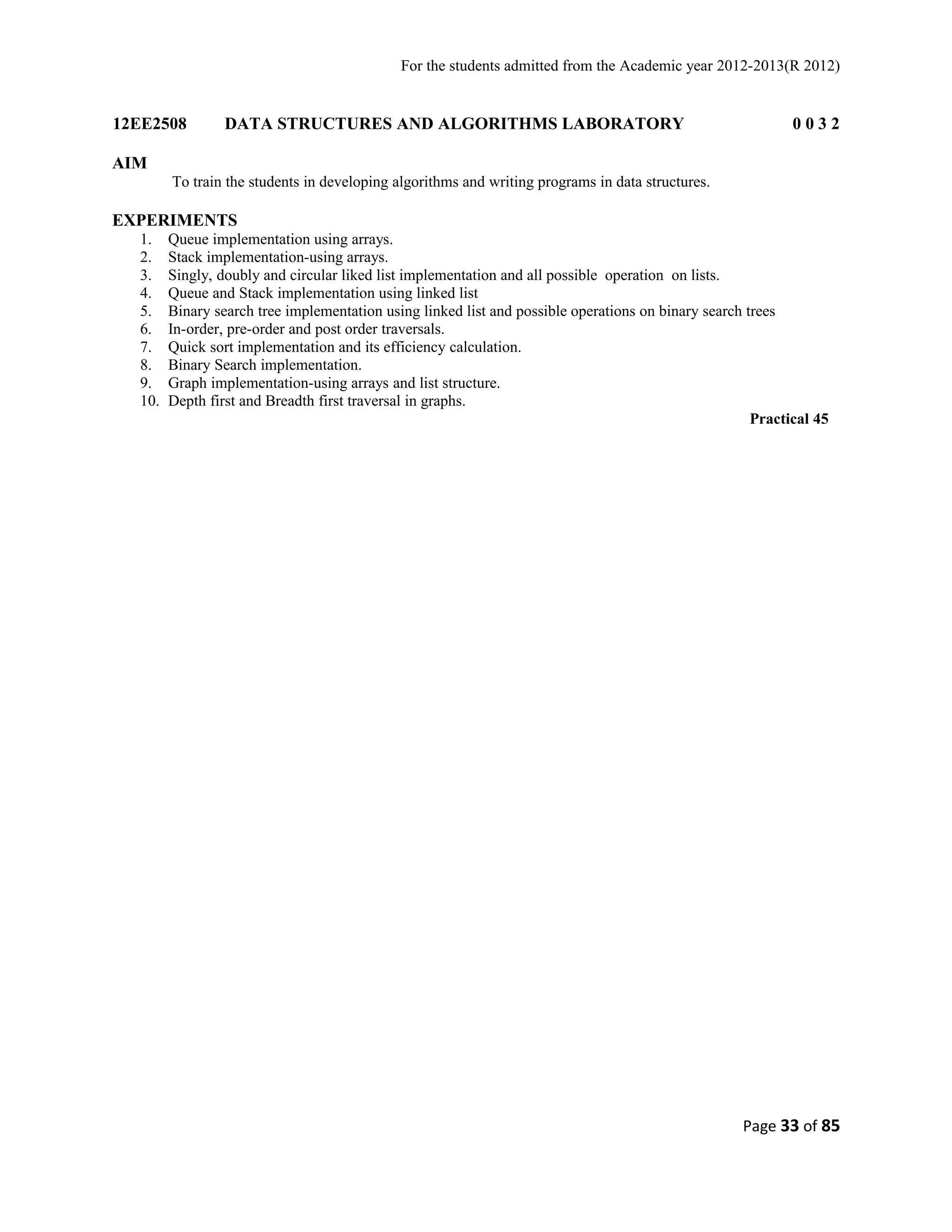 For the students admitted from the Academic year 2012-2013(R 2012) 
12EE2508 DATA STRUCTURES AND ALGORITHMS LABORATORY 0 0 3 2 
AIM 
To train the students in developing algorithms and writing programs in data structures. 
EXPERIMENTS 
1. Queue implementation using arrays. 
2. Stack implementation-using arrays. 
3. Singly, doubly and circular liked list implementation and all possible operation on lists. 
4. Queue and Stack implementation using linked list 
5. Binary search tree implementation using linked list and possible operations on binary search trees 
6. In-order, pre-order and post order traversals. 
7. Quick sort implementation and its efficiency calculation. 
8. Binary Search implementation. 
9. Graph implementation-using arrays and list structure. 
10. Depth first and Breadth first traversal in graphs. 
Practical 45 
Page 33 of 85 
 