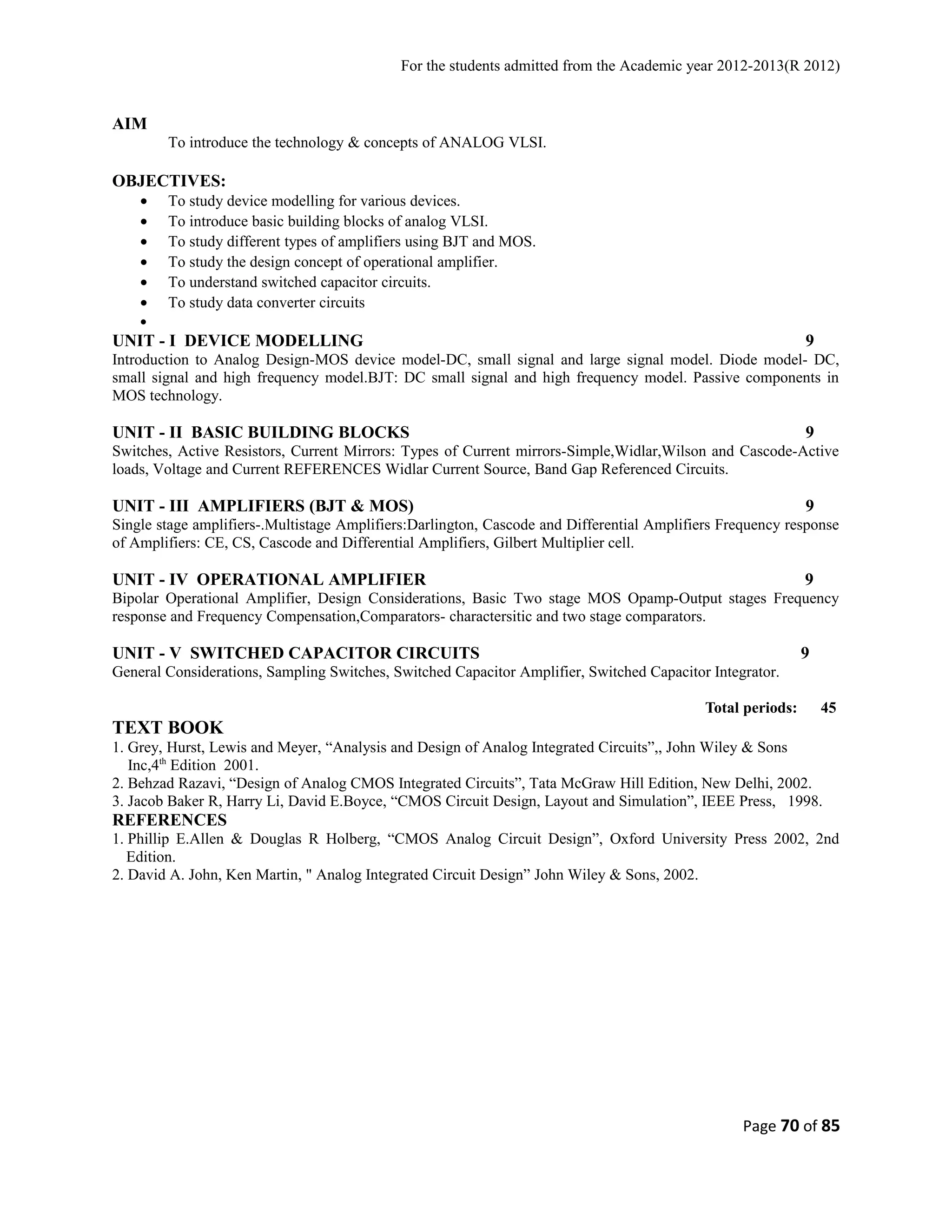 For the students admitted from the Academic year 2012-2013(R 2012) 
AIM 
To introduce the technology & concepts of ANALOG VLSI. 
OBJECTIVES: 
· To study device modelling for various devices. 
· To introduce basic building blocks of analog VLSI. 
· To study different types of amplifiers using BJT and MOS. 
· To study the design concept of operational amplifier. 
· To understand switched capacitor circuits. 
· To study data converter circuits 
· 
UNIT - I DEVICE MODELLING 9 
Introduction to Analog Design-MOS device model-DC, small signal and large signal model. Diode model- DC, 
small signal and high frequency model.BJT: DC small signal and high frequency model. Passive components in 
MOS technology. 
UNIT - II BASIC BUILDING BLOCKS 9 
Switches, Active Resistors, Current Mirrors: Types of Current mirrors-Simple,Widlar,Wilson and Cascode-Active 
loads, Voltage and Current REFERENCES Widlar Current Source, Band Gap Referenced Circuits. 
UNIT - III AMPLIFIERS (BJT & MOS) 9 
Single stage amplifiers-.Multistage Amplifiers:Darlington, Cascode and Differential Amplifiers Frequency response 
of Amplifiers: CE, CS, Cascode and Differential Amplifiers, Gilbert Multiplier cell. 
UNIT - IV OPERATIONAL AMPLIFIER 9 
Bipolar Operational Amplifier, Design Considerations, Basic Two stage MOS Opamp-Output stages Frequency 
response and Frequency Compensation,Comparators- charactersitic and two stage comparators. 
UNIT - V SWITCHED CAPACITOR CIRCUITS 9 
General Considerations, Sampling Switches, Switched Capacitor Amplifier, Switched Capacitor Integrator. 
Total periods: 45 
TEXT BOOK 
1. Grey, Hurst, Lewis and Meyer, “Analysis and Design of Analog Integrated Circuits”,, John Wiley & Sons 
Inc,4th Edition 2001. 
2. Behzad Razavi, “Design of Analog CMOS Integrated Circuits”, Tata McGraw Hill Edition, New Delhi, 2002. 
3. Jacob Baker R, Harry Li, David E.Boyce, “CMOS Circuit Design, Layout and Simulation”, IEEE Press, 1998. 
REFERENCES 
1. Phillip E.Allen & Douglas R Holberg, “CMOS Analog Circuit Design”, Oxford University Press 2002, 2nd 
Edition. 
2. David A. John, Ken Martin, " Analog Integrated Circuit Design” John Wiley & Sons, 2002. 
Page 70 of 85 
 