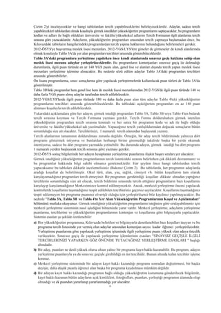 Çizim 2'yi inceleyecekler ve hangi tablolardan tercih yapabileceklerini belirleyeceklerdir. Adaylar, sadece tercih
yapabilecekleri tablolardan olmak koþuluyla girmek istedikleri yükseköðretim programlarýný saptayacaklar, bu programlarýn
kodlarý ve adlarý ile baðlý olduklarý üniversite ve fakülte/yüksekokul adlarýný Tercih Formunun ilgili alanlarýna tercih
sýrasýna göre yazacaklardýr. Adaylarýn, yükseköðretim programlarý arasýndan tercih yapmaya baþlamadan önce, bu
Kýlavuzdaki tablolarýn hangilerindeki programlardan tercih yapma haklarýnýn bulunduðunu belirlemeleri gerekir.
2012-ÖSYS'ye baþvurmuþ meslek lisesi mezunlarý, 2012-YGS/LYS'lere girseler de girmeseler de kendi alanlarýnda
olmak koþuluyla Tablo 3A'da yer alan programlarý tercihleri arasýnda gösterebileceklerdir.
Tablo 3A'daki programlara yerleþtirme yapýlýrken önce kendi alanlarýnda sýnavsýz geçiþ hakkýna sahip olan
meslek lisesi mezunu adaylar yerleþtirileceklerdir. Bu programlarýn kontenjanlarý sýnavsýz geçiþ ile dolmadýðý
durumlarda, ilgili puan türünde en az 140 YGS puaný alan, genel lise ve alanlarý dýþýnda tercih yapan meslek lisesi
mezunlarý yerleþtirme iþlemine alýnacaktýr. Bu nedenle sözü edilen adaylar Tablo 3A'daki programlarý tercihleri
arasýnda gösterebilirler.
Ön lisans programlarýna, sýnav sonuçlarýna göre yapýlacak yerleþtirmelerde kullanýlacak puan türleri de Tablo 3A'da
gösterilmiþtir.
Tablo 3B'deki programlar hem genel lise hem de meslek lisesi mezunlarýndan 2012-YGS'de ilgili puan türünde 140 ve
daha fazla YGS puaný almýþ adaylar tarafýndan tercih edilebilecektir.
2012-YGS/LYS'lerde ilgili puan türünde 180 ve daha fazla puan alan tüm adaylar Tablo 4'teki yükseköðretim
programlarýný tercihleri arasýnda gösterebileceklerdir. Bu tablodaki açýköðretim programlarý en az 140 puan
alýnmasý koþuluyla tercih edilebilecektir.
Yukarýdaki açýklamalara göre her adayýn, girmek istediði programlarý Tablo 3A, Tablo 3B veya Tablo 4'ten bularak
tercih sýrasýna koymasý ve Tercih Formuna yazmasý gerekir. Tercih Formu doldurulurken girmek istenilen
yükseköðretim programlarý tercih sýrasýna konmalý ve her satýra bir programýn kodu ve adý ile baðlý olduðu
üniversite ve fakülte/yüksekokul adý yazýlmalýdýr. Yapacaðýnýz tercih yanlýþlýklarýndan doðacak sonuçlarýn bütün
sorumluluðu size ait olacaktýr. Tercihlerinizi, 1 numaralý tercih alanýndan baþlayarak yazýnýz.
Tercih alanlarýnýn tamamýnýn doldurulmasý zorunlu deðildir. Örneðin, bir aday tercih bildiriminde yalnýzca dört
programý göstermek istiyorsa ve bunlardan herhangi birine giremediði takdirde baþka bir yerde okumak
istemiyorsa, sadece bu dört programý yazmakla yetinebilir. Bu durumda adayýn, girmek istediði bu dört programý
1 numaralý yerden baþlayarak tercih sýrasýna göre yazmasý gerekir.
2012-ÖSYS sonuç bilgilerinde her adayýn hesaplanan yerleþtirme puanlarýna iliþkin baþarý sýralarý yer alacaktýr.
Girmek istediðiniz yükseköðretim programlarýnýn tercih listenizdeki sýrasýný belirlerken çok dikkatli davranmanýz ve
bu programlar hakkýnda bilgi sahibi olmanýz gerekmektedir. Her þeyden önce hangi tablolardan tercih
yapacaksanýz bu tablolarý dikkatle incelemelisiniz (Bakýnýz Çizim 2). Bu tablolarda, her programýn adaylarda
aradýðý koþullar da belirtilmiþtir. Okul türü, alan, yaþ, saðlýk, cinsiyet vb. bütün koþullarýný tam olarak
karþýlayamadýðýnýz programlarý tercih etmeyiniz. Bir programýn gerektirdiði koþullarý dikkate almadan yaptýðýnýz
tercihlerin sorumluluðu size ait olacak, tercih bildirimi sýrasýnda tercih ettiðiniz programlarýn bazý koþullarýný
karþýlayýp karþýlamadýðýnýz Merkezimizce kontrol edilmeyecektir. Ancak, merkezî yerleþtirme öncesi yapýlacak
kontrollerde koþullarýný taþýmadýðýnýz tespit edilebilen tercihleriniz geçersiz sayýlacaktýr. Koþullarýný taþýmadýðýnýz
tespit edilemeyen bir programa puanýnýz elveriþli olduðu için yerleþtirilseniz bile kaydýnýz yapýlmayacaktýr. Bu
nedenle "Tablo 3A, Tablo 3B ve Tablo 4'te Yer Alan Yükseköðretim Programlarýnýn Koþul ve Açýklamalarý"
bölümünü mutlaka okuyunuz. Girmek istediðiniz yükseköðretim programlarýný isteðinize göre sýralayabilmeniz için
merkezî yerleþtirme sisteminin nasýl iþlediðini bilmenizde yarar vardýr. Merkezî yerleþtirme, adaylarýn yerleþtirme
puanlarýna, tercihlerine ve yükseköðretim programlarýnýn kontenjan ve koþullarýna göre bilgisayarla yapýlacaktýr.
Sistemin esaslarý þu þekilde özetlenebilir:
a) Her yükseköðretim programýna, Kýlavuzda belirtilen ve bilgisayarla denetlenebilen bazý koþullarý taþýyan ve bu
   programa tercih listesinde yer vermiþ olan adaylar arasýndan kontenjan sayýsý kadar öðrenci yerleþtirilecektir.
   Yerleþtirme puanlarýna göre yapýlacak yerleþtirme iþleminde ilgili yerleþtirme puaný yüksek olan adaya öncelik
   verilecektir. Sýnavsýz geçiþ ile yapýlacak yerleþtirme iþlemlerinin esaslarý "SINAVSIZ GEÇÝÞLE ÝLGÝLÝ
   TERCÝHLERÝNÝZÝ YAPARKEN GÖZ ÖNÜNDE TUTACAÐINIZ YERLEÞTÝRME ESASLARI " baþlýðý
   altýndadýr.
b) Bir aday, puanlarý ne denli yüksek olursa olsun yalnýz bir programa kayýt hakký kazanabilir. Bu program, adayýn
   yerleþtirme puanlarýyla ya da sýnavsýz geçiþle girebildiði en üst tercihidir. Bunun altýnda kalan tercihler iþleme
   konmaz.
c) Merkezî yerleþtirme sisteminde bir adayýn kayýt hakký kazandýðý programý sonradan deðiþtirmesi, bir baþka
   deyiþle, daha düþük puanla öðrenci alan baþka bir programa kaydolmasý mümkün deðildir.
d) Bir adayýn kayýt hakký kazandýðý programýn baðlý olduðu yükseköðretim kurumuna gönderilecek bilgilerde,
   kayýt hakký kazanan bütün adaylarýn açýk kimlikleri, fotoðraflarý, puanlarý, yerleþtiði programýn alanýnda olup
   olmadýðý ve ek puandan yararlanýp yararlanmadýðý yer alacaktýr.
                                                       6
 