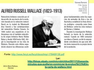 Fonte: http://www.fecyt.es/fecyt/docs/tmp/-178469136.pdf
                                                  Ler:
                        http://blogs.elpais.com/microbichitos/2011/12/sesenta-
                        minutos-que-pudieron-conmover-la-evoluci%C3%B3n-
I.E.S. Otero Pedrayo.
       Ourense                          la-carta-de-wallace.html
 