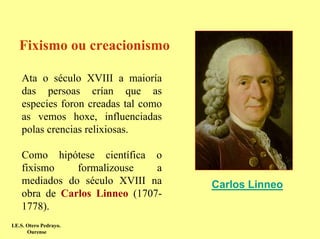 Fixismo ou creacionismo

    Ata o século XVIII a maioría
    das persoas crían que as
    especies foron creadas tal como
    as vemos hoxe, influenciadas
    polas crencias relixiosas.

    Como hipótese científica o
    fixismo    formalizouse    a
    mediados do século XVIII na       Carlos Linneo
    obra de Carlos Linneo (1707-
    1778).
I.E.S. Otero Pedrayo.
       Ourense
 