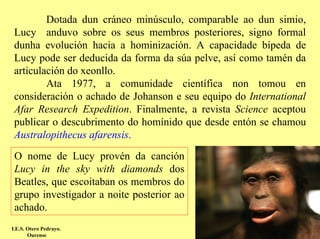 Dotada dun cráneo minúsculo, comparable ao dun simio,
 Lucy anduvo sobre os seus membros posteriores, signo formal
 dunha evolución hacia a hominización. A capacidade bípeda de
 Lucy pode ser deducida da forma da súa pelve, así como tamén da
 articulación do xeonllo.
         Ata 1977, a comunidade científica non tomou en
 consideración o achado de Johanson e seu equipo do International
 Afar Research Expedition. Finalmente, a revista Science aceptou
 publicar o descubrimento do homínido que desde entón se chamou
 Australopithecus afarensis.
 O nome de Lucy provén da canción
 Lucy in the sky with diamonds dos
 Beatles, que escoitaban os membros do
 grupo investigador a noite posterior ao
 achado.
I.E.S. Otero Pedrayo.
       Ourense
 
