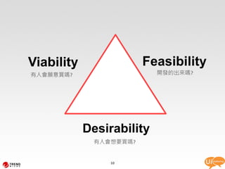Viability               Feasibility
有人會願意買嗎?                   開發的出來嗎?




            Desirability
             有人會想要買嗎?


                 10
 