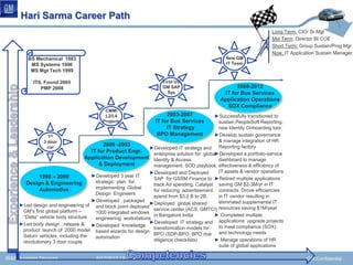 Hari Sarma Career Path
                                                                                                                      Long Term: CIO/ Sr Mgt
                                                                                                                      Mid Term: Director BI COE
                                                                                                                      Short Term: Group Sustain/Prog Mgr
                                                                                                                      Now: IT Application Sustain Manager.
         BS Mechanical 1983                                                                       New GM
          MS Systems 1990                                                                         IT Team
          MS Mgt Tech 1999

           ITIL Found 2005                                           First US
              PMP 2008                                               GM SAP                          2008-2012
                                                                       Sys                      IT for Bus Services
                                                                                               Application Operations
                                                                                                 SOX Compliance
                                           CMMi
                                           L2/L4                       2003-2007             ►Successfully transitioned to
                                          Projects                IT for Bus Services          sustain PeopleSoft Reporting,
                                                                       IT Strategy             new Identity Onboarding tool
                  1st
                                                                   BPO Management            ►Develop sustain governance
                3 door                                                                         & manage integration of HR
                                           2000 -2003                                          Reporting factory
                  car                                          ►Developed IT strategy and
                                     IT for Product Engr.                                    ►Developed a portfolio-service
                                                                enterprise solution for global
                                   Application Development Identity & Access                   dashboard to manage
                                         & Deployment           management. SOD playbook effectiveness & efficiency of
                                                               ►Developed and Deployed         IT assets & vendor operations
              1990 – 2000            ►Developed 3 year IT
                                                                SAP for GSSM Finance to ►Retired multiple applications
       Design & Engineering            strategic plan for
                                                                track Ad spending. Catalyst saving GM $2-3M/yr in IT
              Automotive               implementing Global
                                                                for reducing advertisement contracts. Drove efficiencies
                                       Design Engineers
                                                                spend from $3.2 B to 2B.       in IT vendor resulting in
                                     ►Developed , packaged                                     eliminated supplemental IT
     ►Led design and engineering of and block point deployed ►Deployed global shared
      GM’s first global platform –                              service center (ACS, GMTCI) resources saving $1M/year
                                       1000 integrated windows
      ”Delta” vehicle body structure                            in Bangalore India           ► Completed multiple
                                       engineering workstations
                                                                                               applications upgrade projects
     ►Led body design , release & ►Developed knowledge ►Developed IT strategy and
                                                                                               to meet compliance (SOX)
      product launch of 2000 model based wizards for design transformation models for
      Saturn vehicles, including the                            BPO (SDP-BPO, BPO due and technology needs
                                       automation
      revolutionary 3 door couple                               diligence checklists)        ► Manage operations of HR
                                                                                               suite of global applications

IS&S Business Services                 6/12/2012 12:55 PM                  0                                                         GM Confidential
 