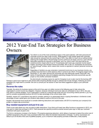 2012 Year-End Tax Strategies for Business
Owners
 