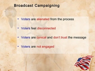 Broadcast Campaigning

• Voters are alienated from the process
• Voters feel disconnected
• Voters are cynical and don’t trust the message
• Voters are not engaged

 