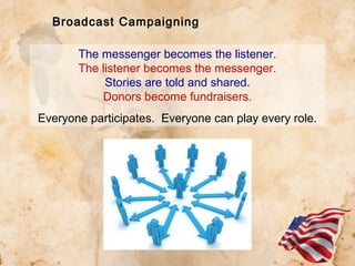 Broadcast Campaigning
The messenger becomes the listener.
The listener becomes the messenger.
Stories are told and shared.
Donors become fundraisers.
Everyone participates. Everyone can play every role.

 