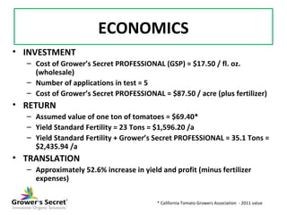 ECONOMICS
• INVESTMENT
  – Cost of Grower’s Secret PROFESSIONAL (GSP) = $17.50 / fl. oz.
    (wholesale)
  – Number of app...