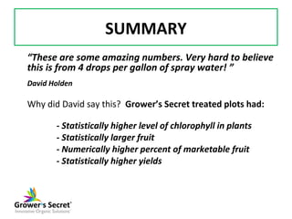 SUMMARY
“These are some amazing numbers. Very hard to believe
this is from 4 drops per gallon of spray water! ”
David Hold...