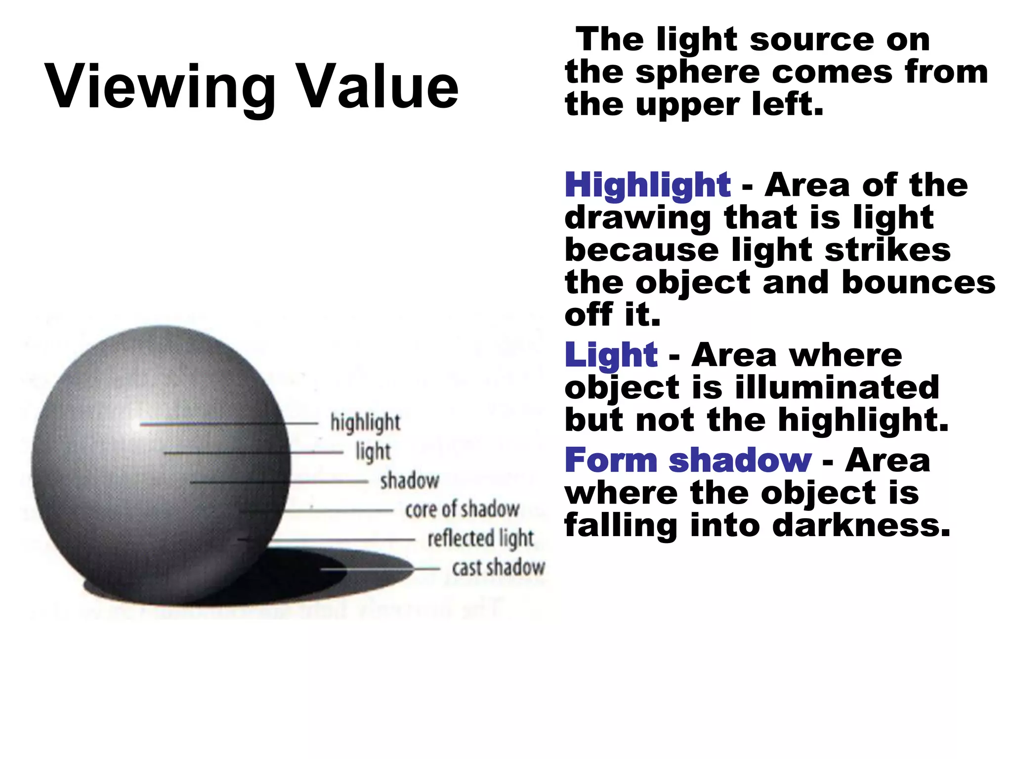 The light source on
                the sphere comes from
Viewing Value   the upper left.

                Highlight - Area of the
                drawing that is light
                because light strikes
                the object and bounces
                off it.
                Light - Area where
                object is illuminated
                but not the highlight.
                Form shadow - Area
                where the object is
                falling into darkness.
 