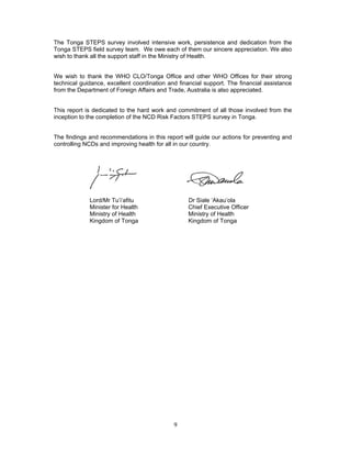 9
The Tonga STEPS survey involved intensive work, persistence and dedication from the
Tonga STEPS field survey team. We owe each of them our sincere appreciation. We also
wish to thank all the support staff in the Ministry of Health.
We wish to thank the WHO CLO/Tonga Office and other WHO Offices for their strong
technical guidance, excellent coordination and financial support. The financial assistance
from the Department of Foreign Affairs and Trade, Australia is also appreciated.
This report is dedicated to the hard work and commitment of all those involved from the
inception to the completion of the NCD Risk Factors STEPS survey in Tonga.
The findings and recommendations in this report will guide our actions for preventing and
controlling NCDs and improving health for all in our country.
Lord/Mr Tu’i‘afitu Dr Siale ‘Akau’ola
Minister for Health Chief Executive Officer
Ministry of Health Ministry of Health
Kingdom of Tonga Kingdom of Tonga
 