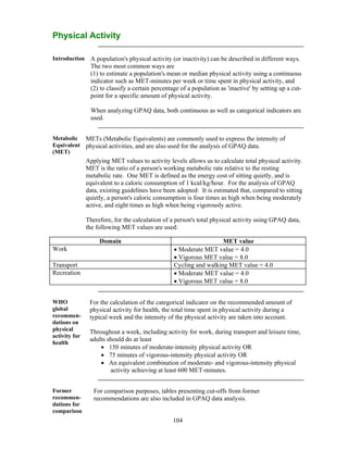 104
Physical Activity
Introduction A population's physical activity (or inactivity) can be described in different ways.
The two most common ways are
(1) to estimate a population's mean or median physical activity using a continuous
indicator such as MET-minutes per week or time spent in physical activity, and
(2) to classify a certain percentage of a population as 'inactive' by setting up a cut-
point for a specific amount of physical activity.
When analyzing GPAQ data, both continuous as well as categorical indicators are
used.
Metabolic
Equivalent
(MET)
METs (Metabolic Equivalents) are commonly used to express the intensity of
physical activities, and are also used for the analysis of GPAQ data.
Applying MET values to activity levels allows us to calculate total physical activity.
MET is the ratio of a person's working metabolic rate relative to the resting
metabolic rate. One MET is defined as the energy cost of sitting quietly, and is
equivalent to a caloric consumption of 1 kcal/kg/hour. For the analysis of GPAQ
data, existing guidelines have been adopted: It is estimated that, compared to sitting
quietly, a person's caloric consumption is four times as high when being moderately
active, and eight times as high when being vigorously active.
Therefore, for the calculation of a person's total physical activity using GPAQ data,
the following MET values are used:
Domain MET value
Work  Moderate MET value = 4.0
 Vigorous MET value = 8.0
Transport Cycling and walking MET value = 4.0
Recreation  Moderate MET value = 4.0
 Vigorous MET value = 8.0
WHO
global
recommen-
dations on
physical
activity for
health
For the calculation of the categorical indicator on the recommended amount of
physical activity for health, the total time spent in physical activity during a
typical week and the intensity of the physical activity are taken into account.
Throughout a week, including activity for work, during transport and leisure time,
adults should do at least
 150 minutes of moderate-intensity physical activity OR
 75 minutes of vigorous-intensity physical activity OR
 An equivalent combination of moderate- and vigorous-intensity physical
activity achieving at least 600 MET-minutes.
Former
recommen-
dations for
comparison
For comparison purposes, tables presenting cut-offs from former
recommendations are also included in GPAQ data analysis.
 